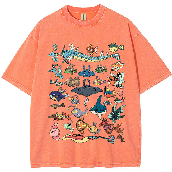 Fish Water Pokemon Retro Collage Vintage Washed T-Shirt | Pokemon Anime