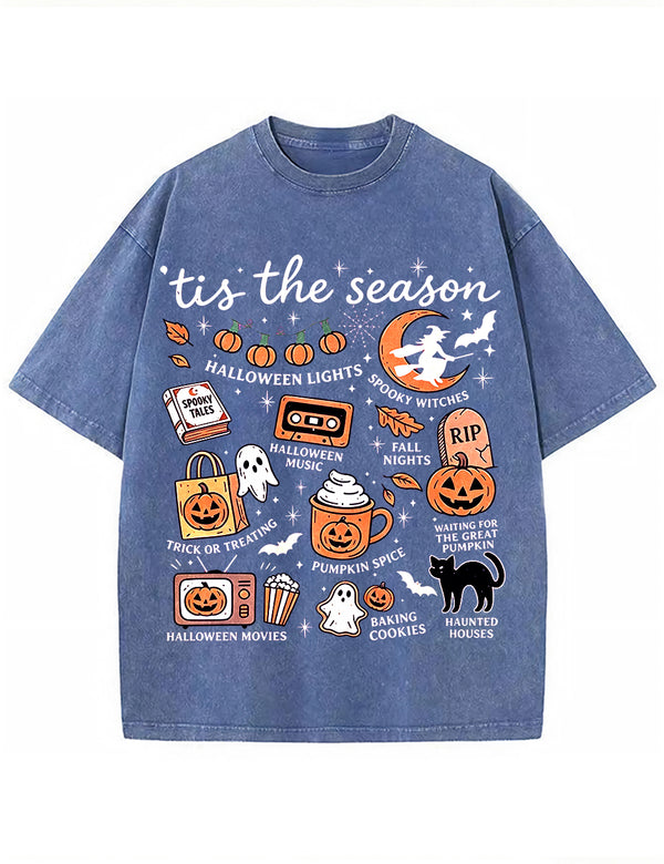 Tis The Season Halloween Doodle Graphic Vintage Washed Cotton T Shirt