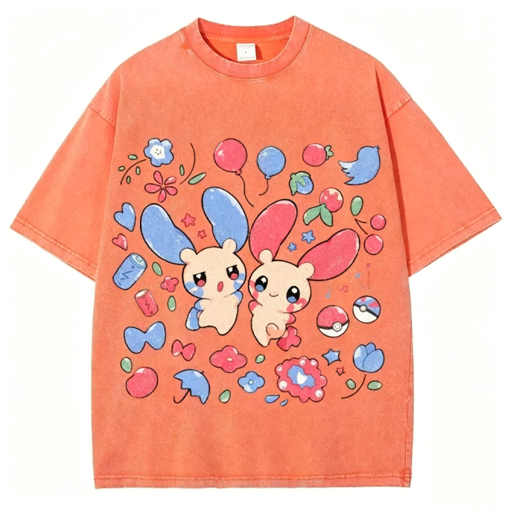 Pokémon Plusle And Minions Unisex Vintage Washed Tee