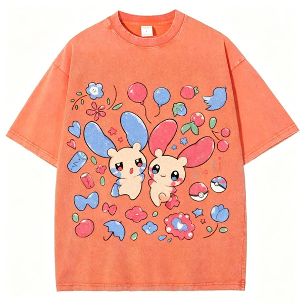 Pokémon Plusle And Minions Unisex Vintage Washed Tee