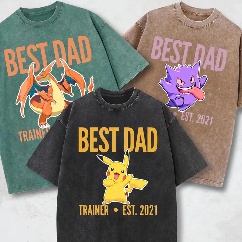 Custom Pokemon Dad Print Tee with Kids Names