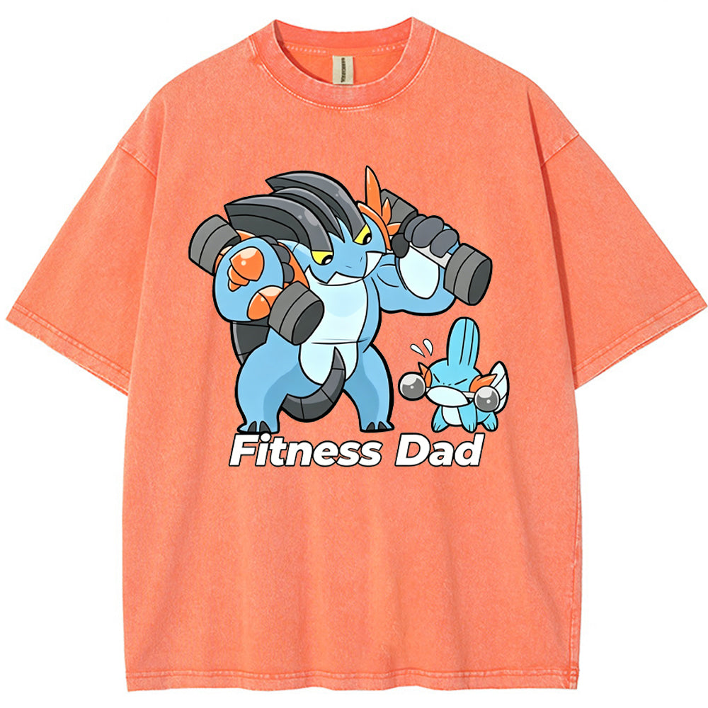 Fitness Dad Marshtomp Mudkip Gym Cartoon Vintage Washed T-Shirt