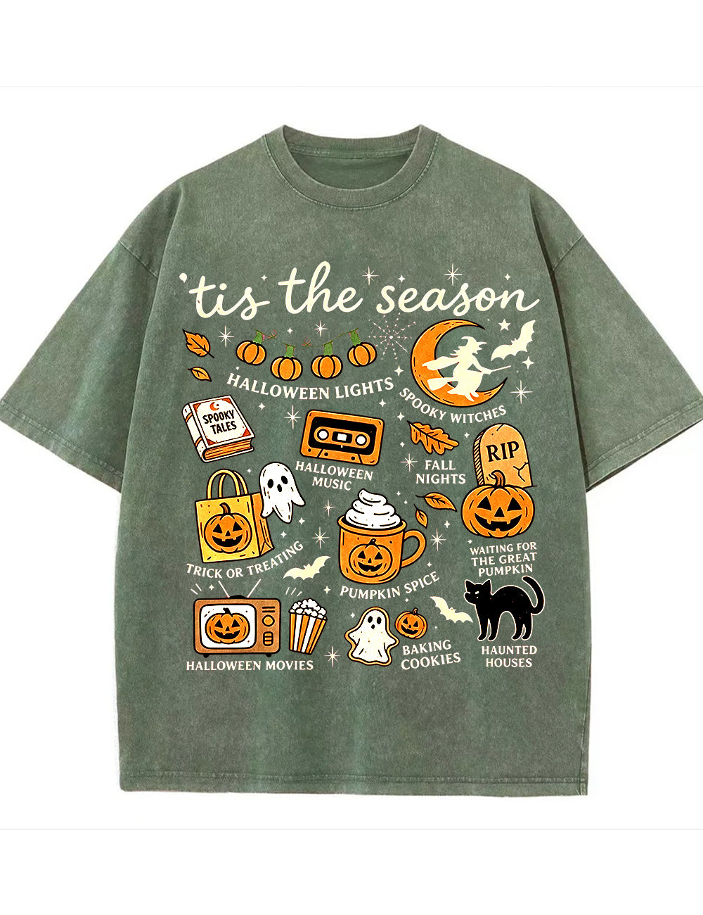 Tis The Season Halloween Doodle Graphic Vintage Washed Cotton T Shirt