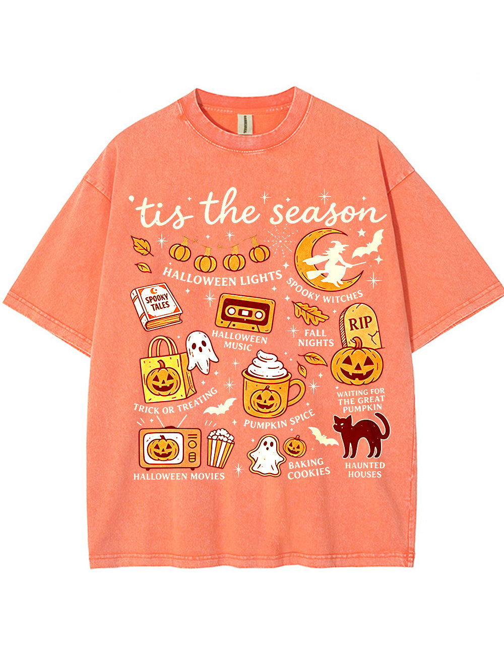 Tis The Season Halloween Doodle Graphic Vintage Washed Cotton T Shirt