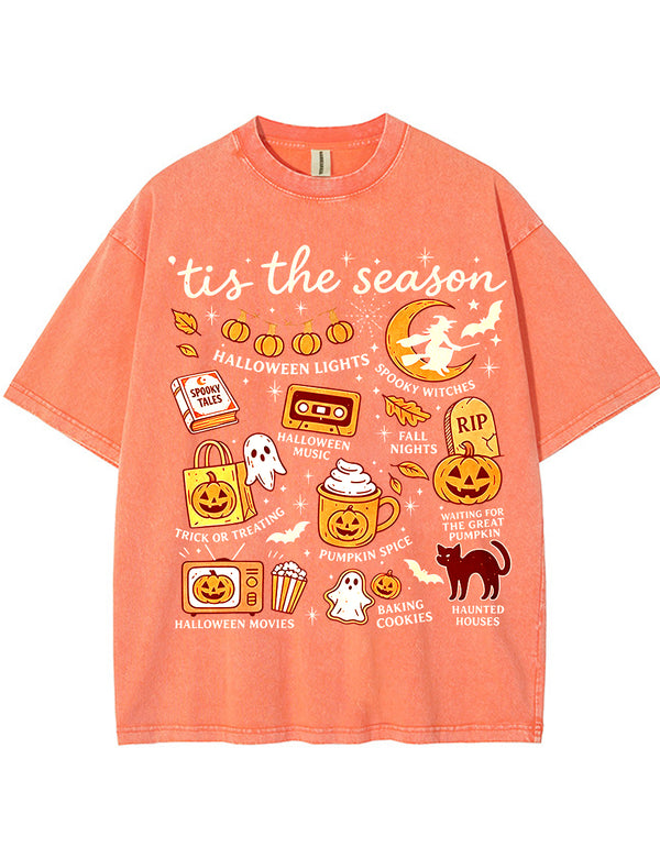Tis The Season Halloween Doodle Graphic Vintage Washed Cotton T Shirt
