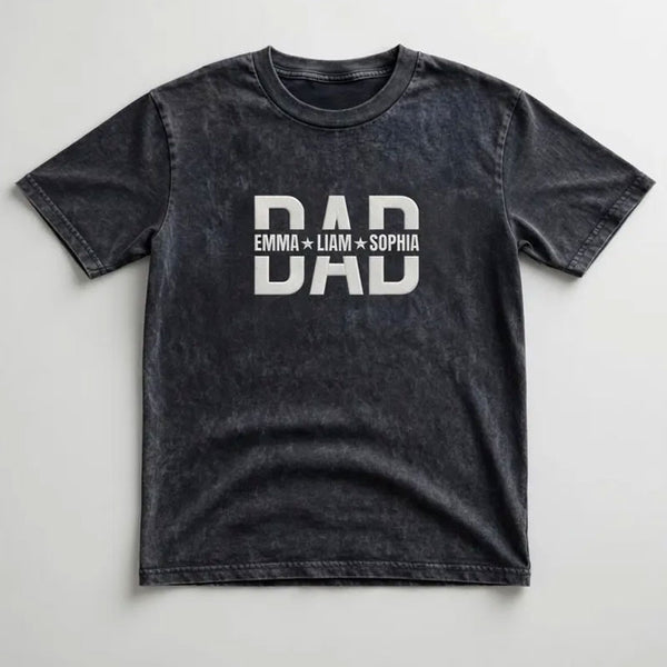 Custom Embroidered Dad Washed T-Shirt With Kids Names