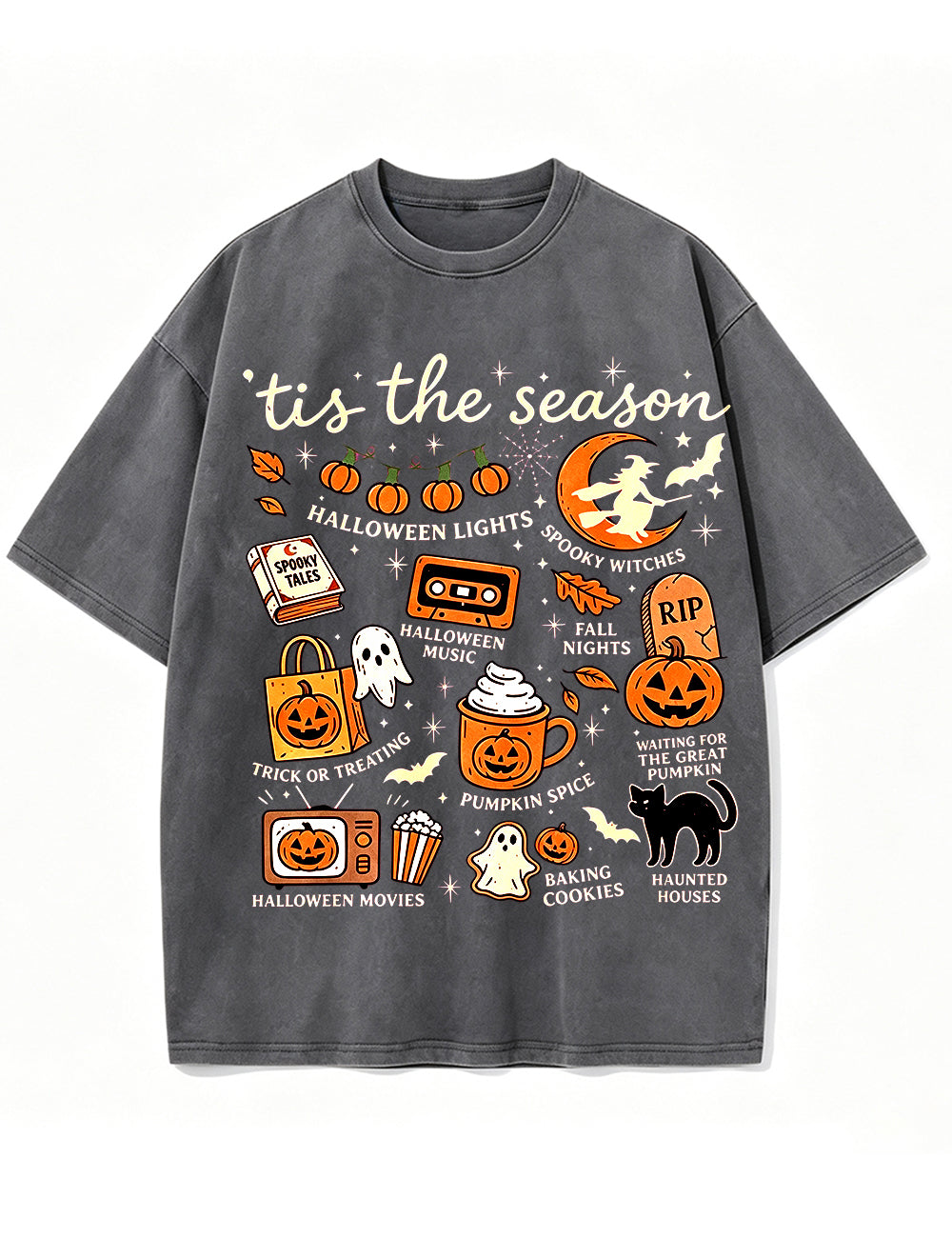 Tis The Season Halloween Doodle Graphic Vintage Washed Cotton T Shirt