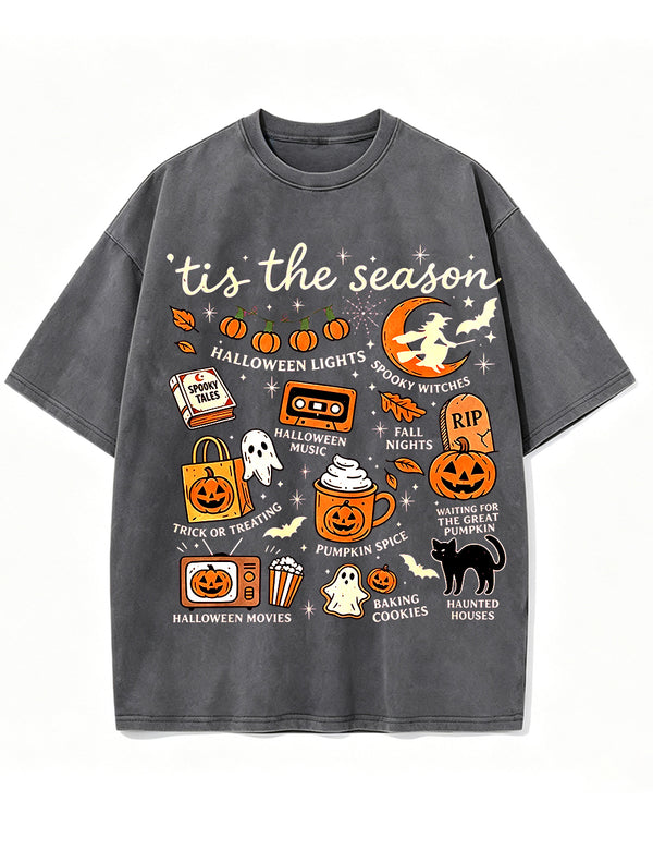 Tis The Season Halloween Doodle Graphic Vintage Washed Cotton T Shirt