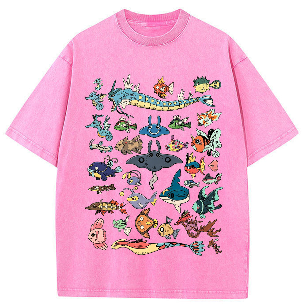 Fish Water Pokemon Retro Collage Vintage Washed T-Shirt | Pokemon Anime