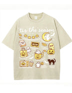 Tis The Season Halloween Doodle Graphic Vintage Washed Cotton T Shirt