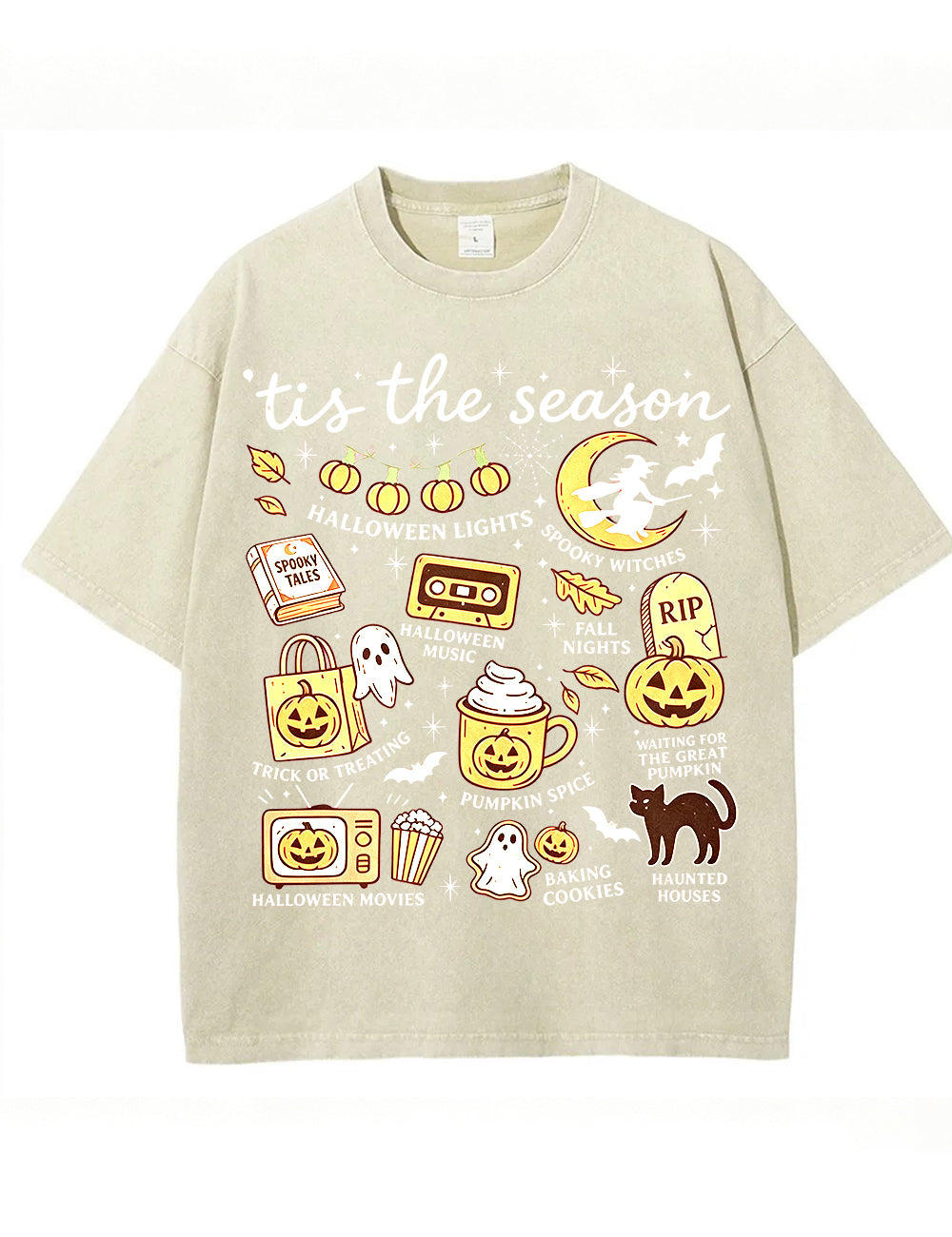 Tis The Season Halloween Doodle Graphic Vintage Washed Cotton T Shirt