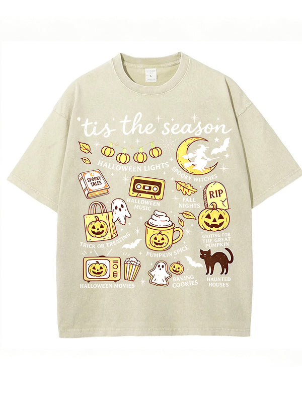 Tis The Season Halloween Doodle Graphic Vintage Washed Cotton T Shirt