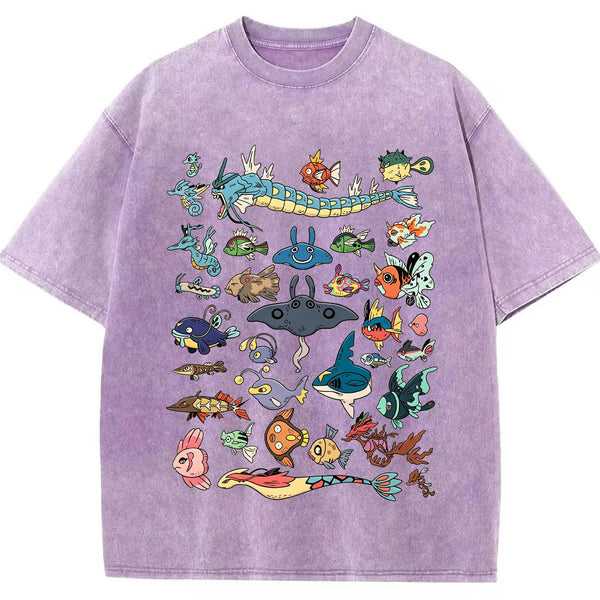 Fish Water Pokemon Retro Collage Vintage Washed T-Shirt | Pokemon Anime