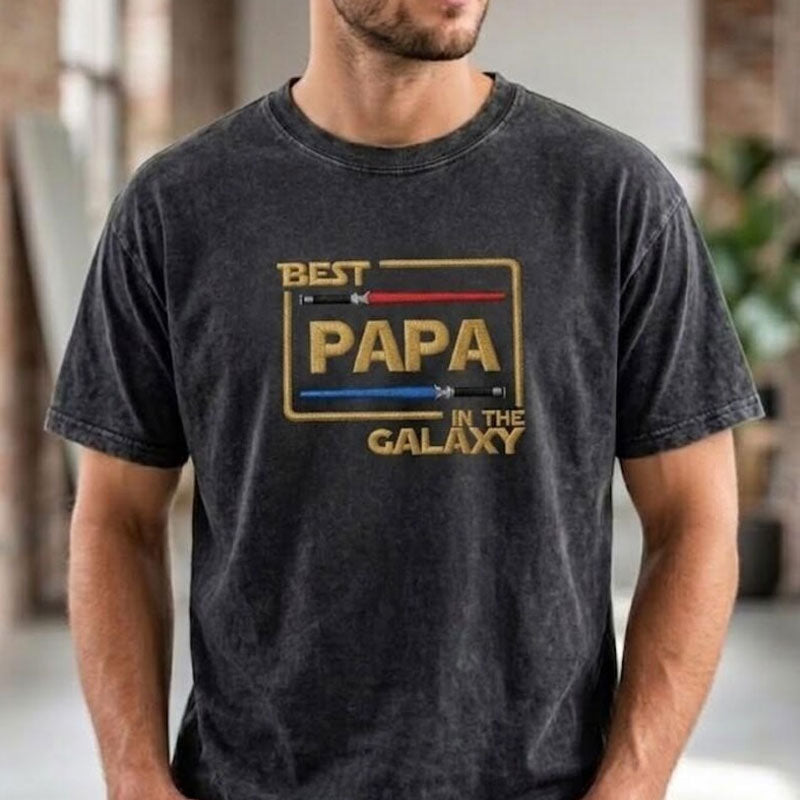 Embroidered Washed Cotton T-Shirt, Papa in Galaxy, Father's Day Gift Secondary image