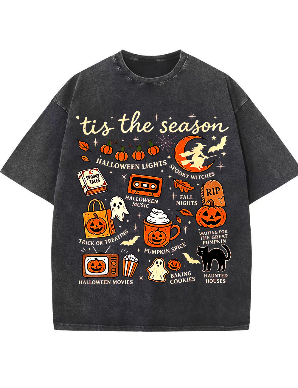 Tis The Season Halloween Doodle Graphic Vintage Washed Cotton T Shirt