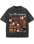 Tis The Season Halloween Doodle Graphic Vintage Washed Cotton T Shirt