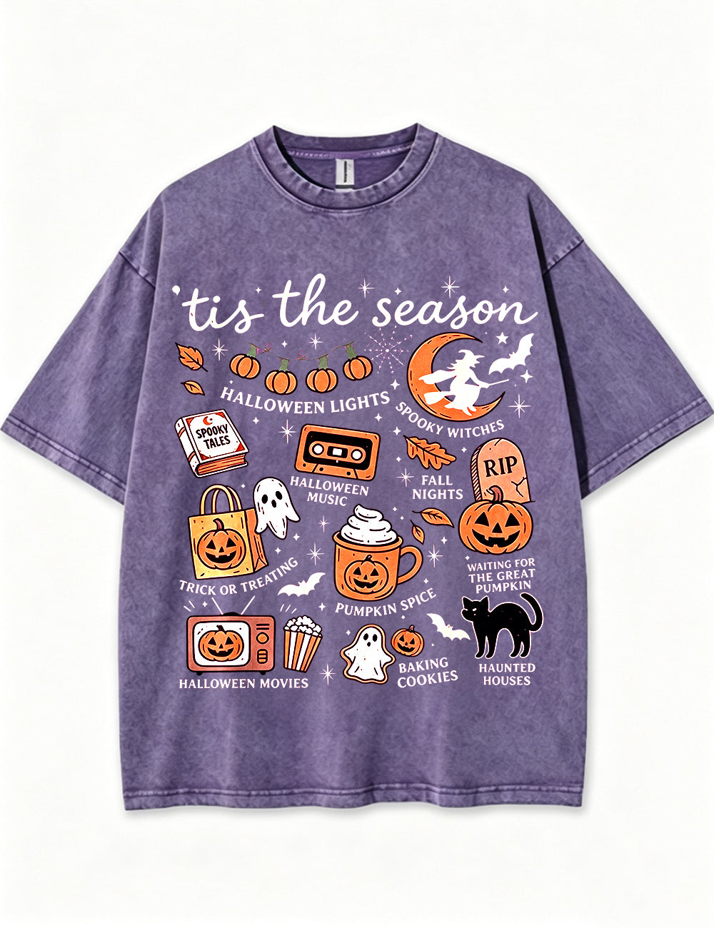 Tis The Season Halloween Doodle Graphic Vintage Washed Cotton T Shirt