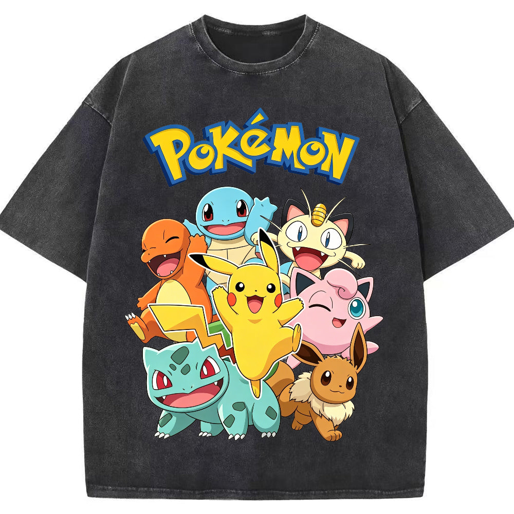 Vintage Washed Black Pokemon Group Graphic Tee | Retro Anime Oversized T-Shirt Main image