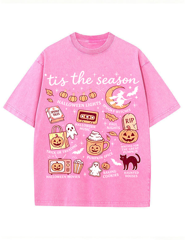 Tis The Season Halloween Doodle Graphic Vintage Washed Cotton T Shirt