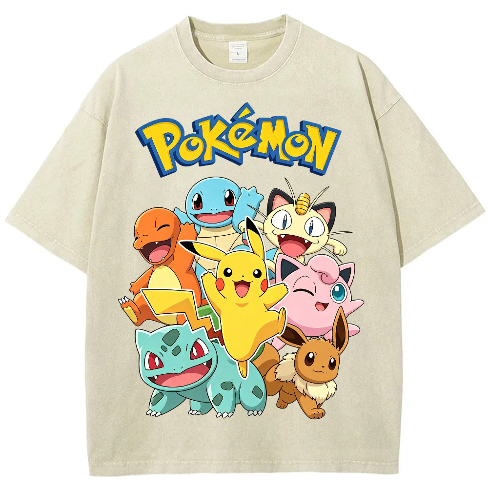 Vintage Washed Black Pokemon Group Graphic Tee | Retro Anime Oversized T-Shirt