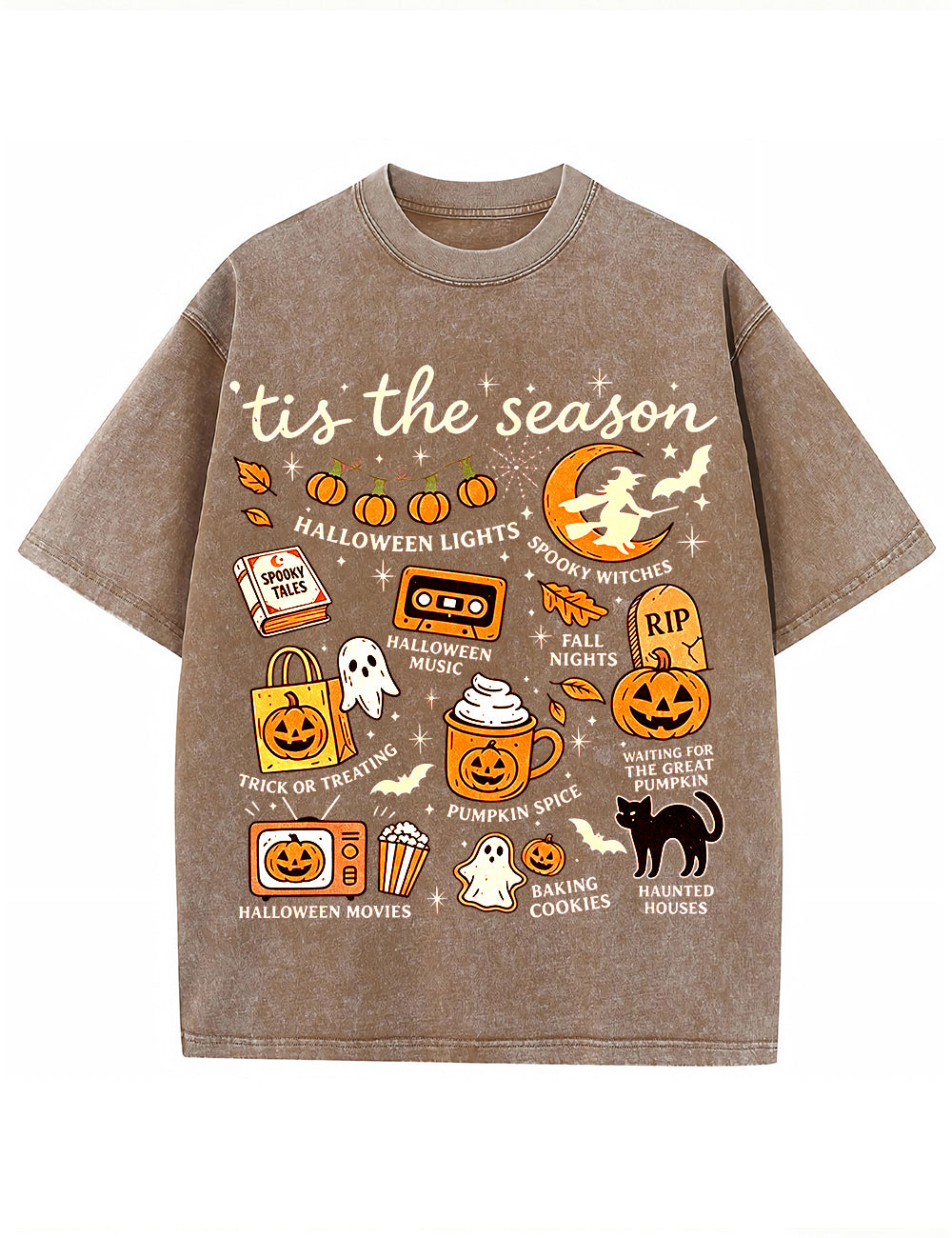 Tis The Season Halloween Doodle Graphic Vintage Washed Cotton T Shirt