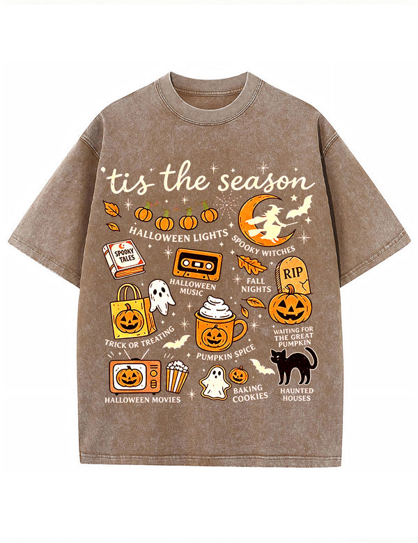 Tis The Season Halloween Doodle Graphic Vintage Washed Cotton T Shirt