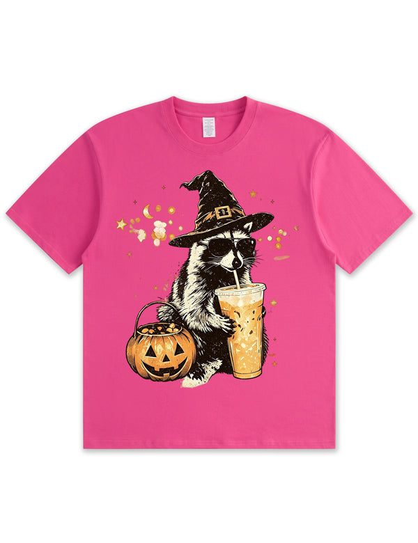 Wizard Raccoon Halloween Coffee Graphic Soft Cotton T-Shirt