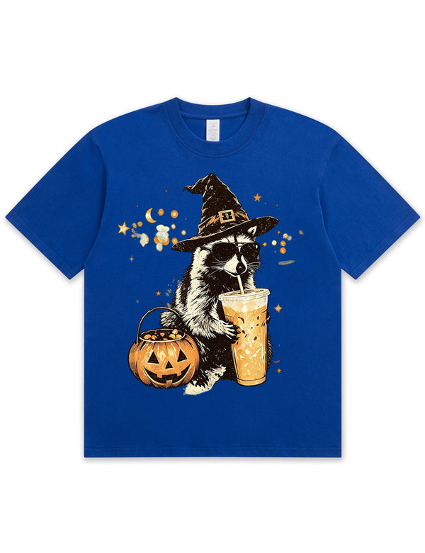 Wizard Raccoon Halloween Coffee Graphic Soft Cotton T-Shirt