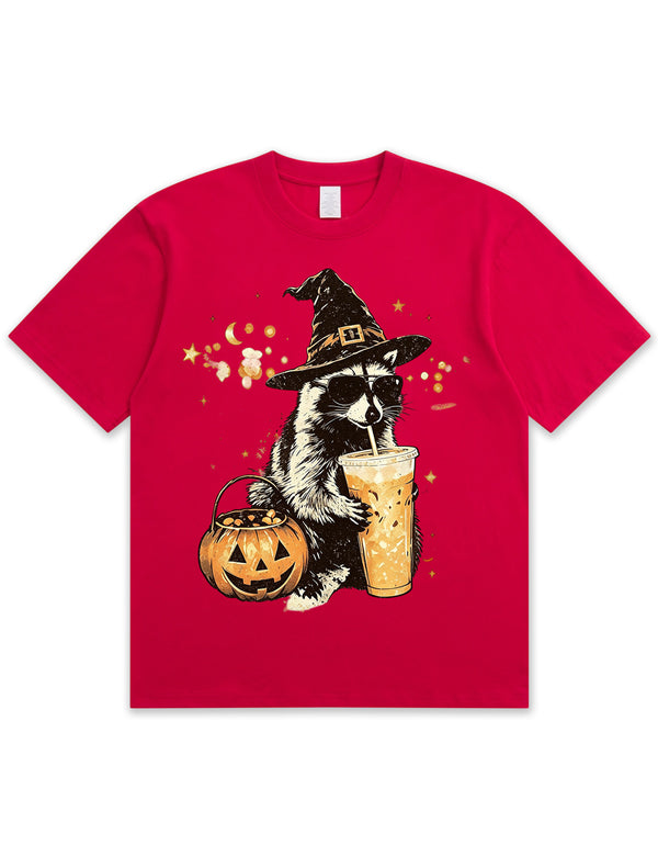 Wizard Raccoon Halloween Coffee Graphic Soft Cotton T-Shirt
