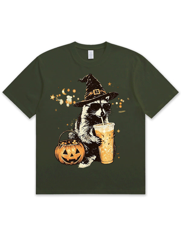Wizard Raccoon Halloween Coffee Graphic Soft Cotton T-Shirt