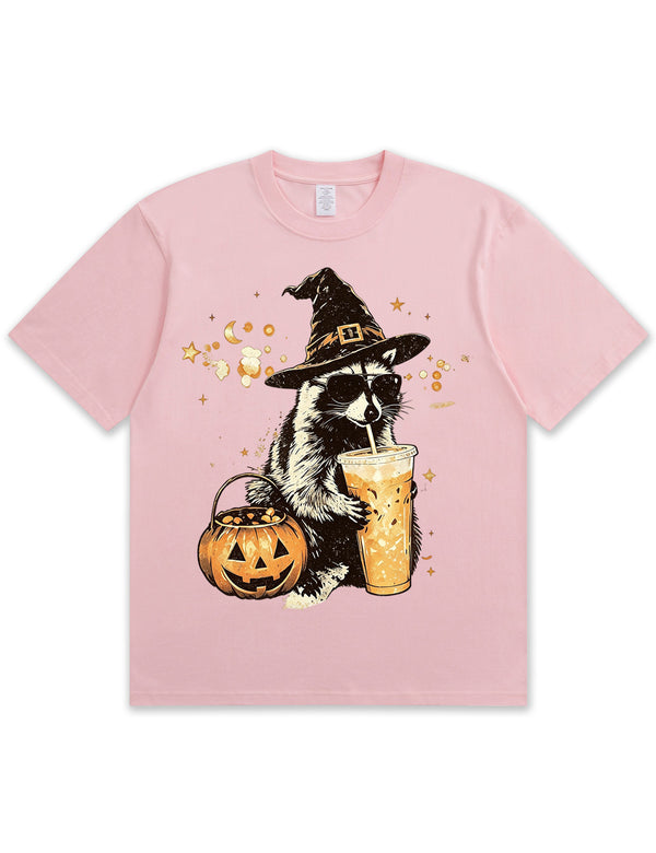 Wizard Raccoon Halloween Coffee Graphic Soft Cotton T-Shirt