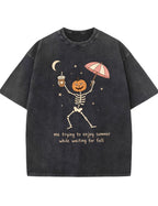 Waiting For Fall Funny Skeleton Halloween Shirt