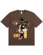 Wizard Raccoon Halloween Coffee Graphic Soft Cotton T-Shirt