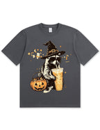 Wizard Raccoon Halloween Coffee Graphic Soft Cotton T-Shirt