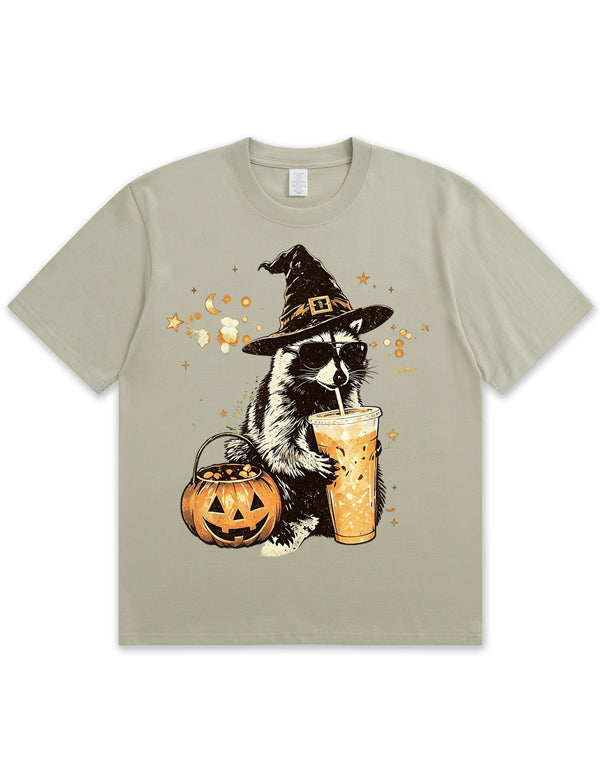 Wizard Raccoon Halloween Coffee Graphic Soft Cotton T-Shirt