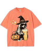Wizard Raccoon Halloween Coffee Graphic Vintage Washed T-Shirt