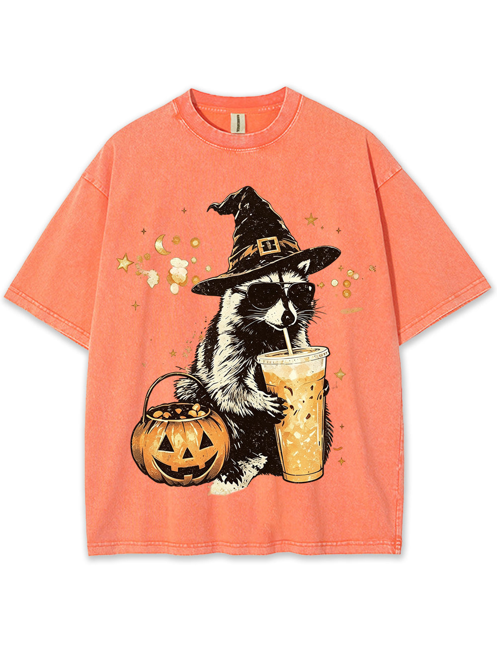 Wizard Raccoon Halloween Coffee Graphic Vintage Washed T-Shirt