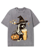 Wizard Raccoon Halloween Coffee Graphic Vintage Washed T-Shirt