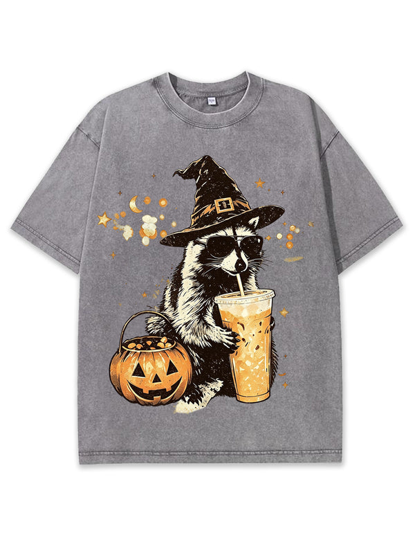 Wizard Raccoon Halloween Coffee Graphic Vintage Washed T-Shirt