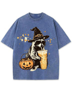 Wizard Raccoon Halloween Coffee Graphic Vintage Washed T-Shirt