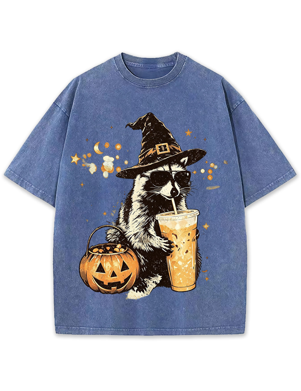 Wizard Raccoon Halloween Coffee Graphic Vintage Washed T-Shirt