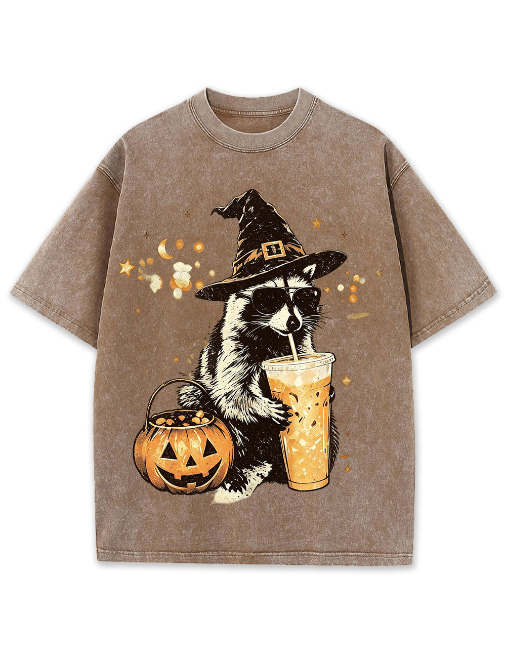 Wizard Raccoon Halloween Coffee Graphic Vintage Washed T-Shirt