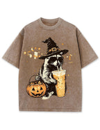 Wizard Raccoon Halloween Coffee Graphic Vintage Washed T-Shirt