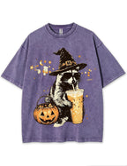 Wizard Raccoon Halloween Coffee Graphic Vintage Washed T-Shirt
