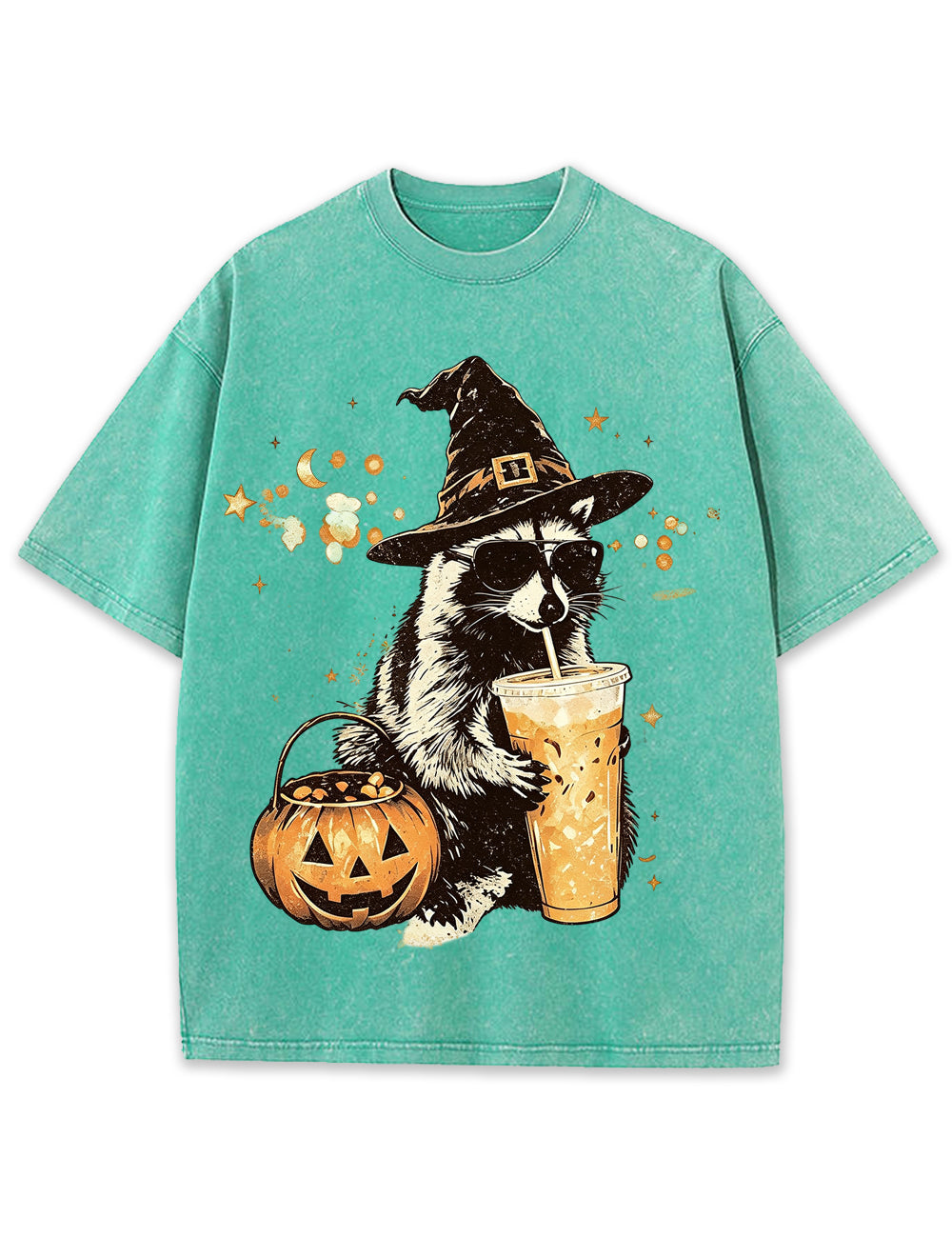 Wizard Raccoon Halloween Coffee Graphic Vintage Washed T-Shirt