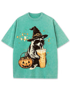 Wizard Raccoon Halloween Coffee Graphic Vintage Washed T-Shirt