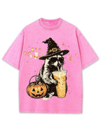 Wizard Raccoon Halloween Coffee Graphic Vintage Washed T-Shirt