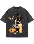 Wizard Raccoon Halloween Coffee Graphic Vintage Washed T-Shirt