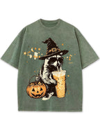 Wizard Raccoon Halloween Coffee Graphic Vintage Washed T-Shirt