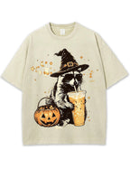 Wizard Raccoon Halloween Coffee Graphic Vintage Washed T-Shirt